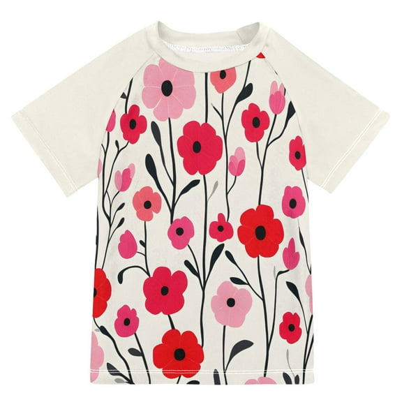 FORMRS Boys Rash Guard with Short Sleeves UPF 50+ Swim Shirts Sizes 3-12T, Pink Floral
