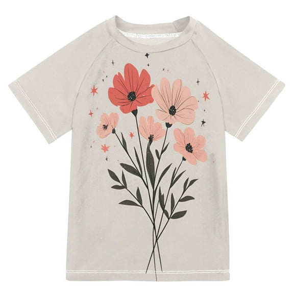 FORMRS Boys Rash Guard with Short Sleeves UPF 50  Swim Shirts Sizes 3-12T, Pink Flower