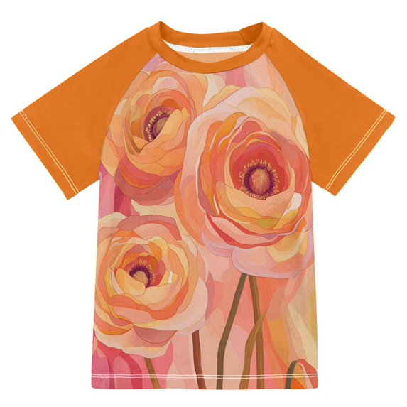 FORMRS Boys Rash Guard Short Sleeves Swim Shirt Quick Dry UPF 50+ Sun Protection, Sizes 3-12T, Pink Flowers