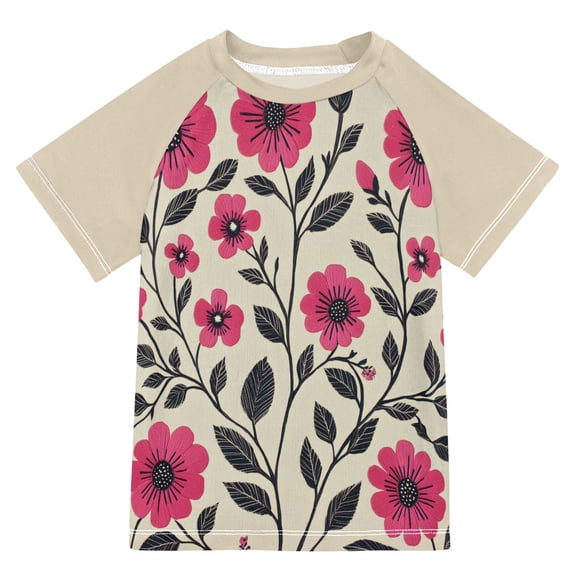 FORMRS Boys Rash Guard with Short Sleeves UPF 50  Swim Shirts Sizes 3-12T, Pink Flowers