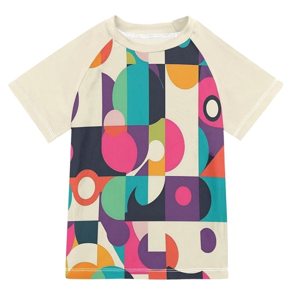 FORMRS Boys Rash Guard with Short Sleeves UPF 50 Swim Shirts Sizes 3-12T, Pink Geometric