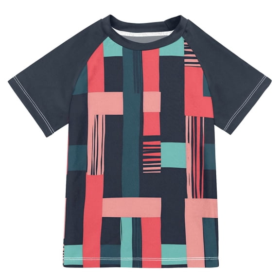 FORMRS Boys Rash Guard with Short Sleeves UPF 50  Swim Shirts Sizes 3-12T, Pink Geometric