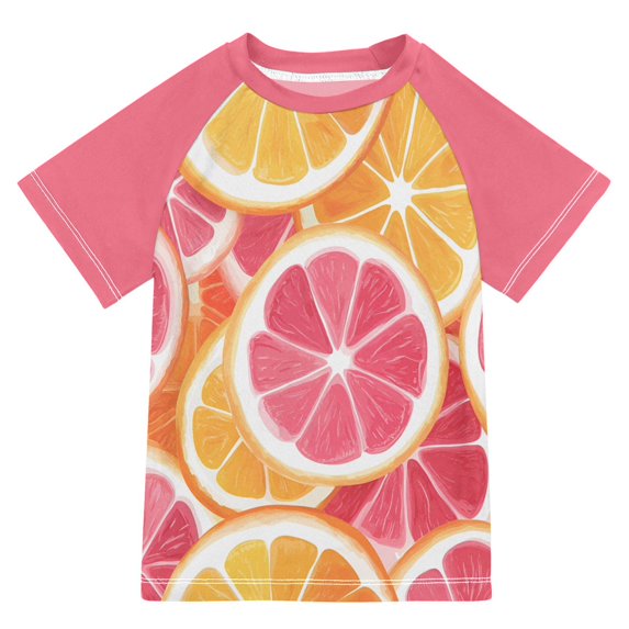 FORMRS Boys Rash Guard Short Sleeves Swim Shirt Quick Dry UPF 50+ Sun Protection, Sizes 3-12T, Pink Grapefruit Slices