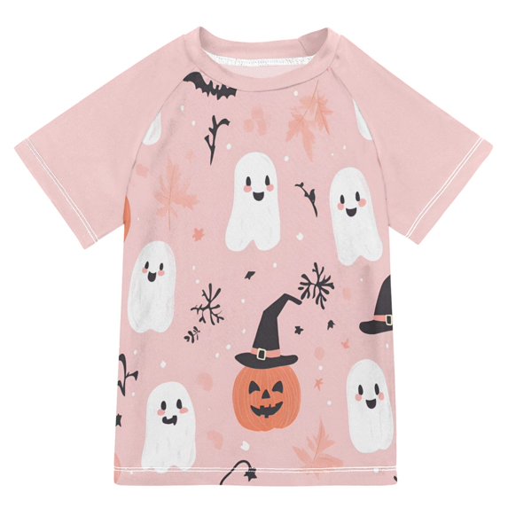 FORMRS Boys Rash Guard Short Sleeves Swim Shirt Quick Dry UPF 50+ Sun Protection, Sizes 3-12T, Pink Halloween Ghosts