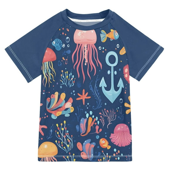 FORMRS Boys Rash Guard with Short Sleeves UPF 50  Swim Shirts Sizes 3-12T, Pink Jellyfish