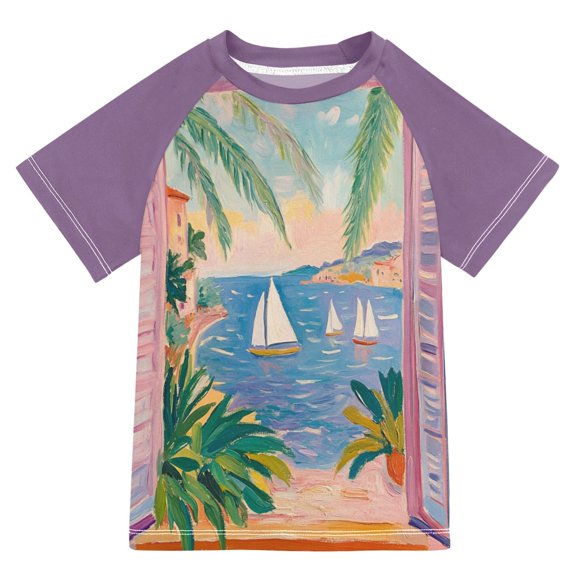 FORMRS Boys Rash Guard with Short Sleeves UPF 50  Swim Shirts Sizes 3-12T, Pink Seaside Boat