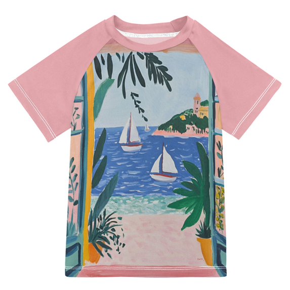 FORMRS Boys Rash Guard Short Sleeves Swim Shirt Quick Dry UPF 50+ Sun Protection, Sizes 3-12T, Pink Seaside