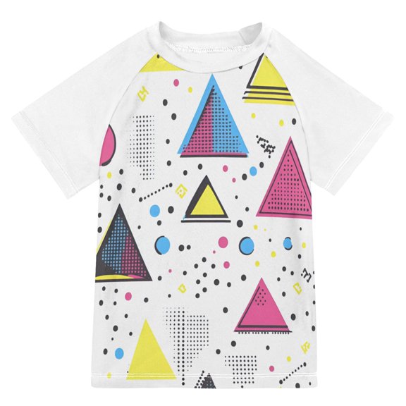 FORMRS Boys Rash Guard with Short Sleeves UPF 50 Swim Shirts Sizes 3-12T, Pink Simple Shapes