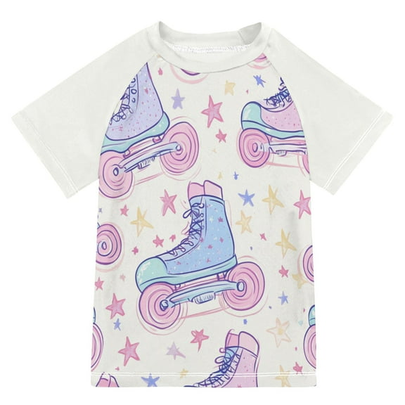 FORMRS Boys Rash Guard with Short Sleeves UPF 50  Swim Shirts Sizes 3-12T, Pink Skates