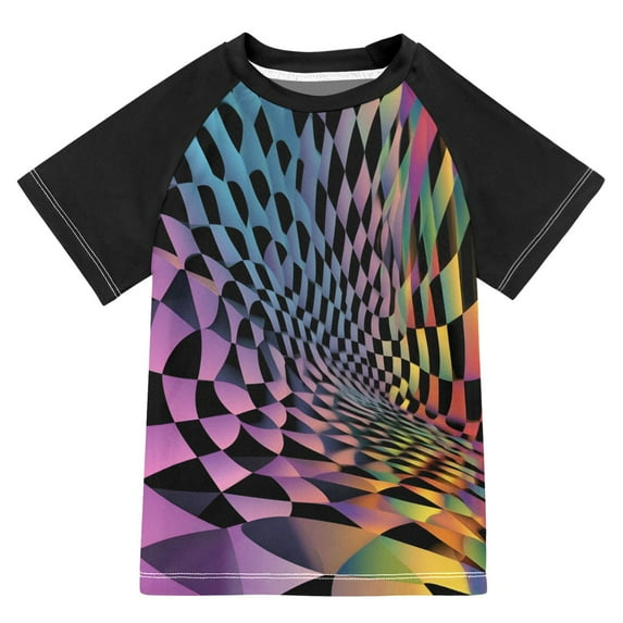 FORMRS Boys Rash Guard with Short Sleeves UPF 50+ Swim Shirts Sizes 3-12T, Pink Wavy Plaid