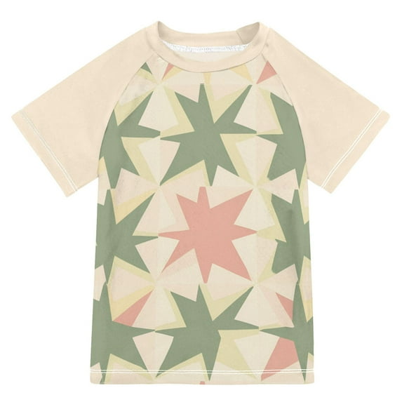 FORMRS Boys Rash Guard with Short Sleeves UPF 50+ Swim Shirts Sizes 3-12T, Pink and Green Geometric