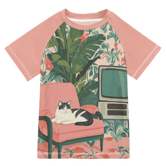 FORMRS Boys Rash Guard with Short Sleeves UPF 50 Swim Shirts Sizes 3-12T, Pink and White Cat