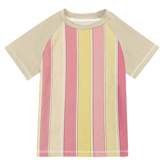 FORMRS Boys Rash Guard Short Sleeves Swim Shirt Quick Dry UPF 50+ Sun Protection, Sizes 3-12T, Pink and Yellow Striped Pattern