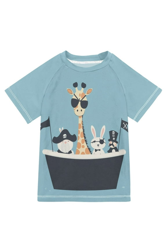 Boys Rash Guard with Short Sleeves UPF 50+ Swim Shirts Sizes 3-12T, Pirate Animals