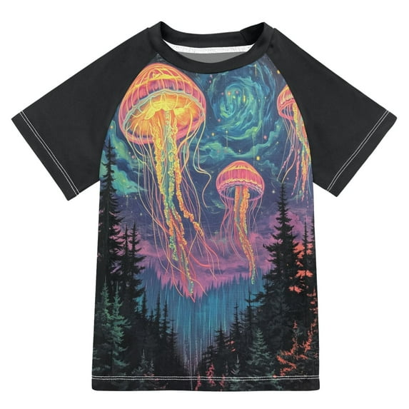 FORMRS Boys Rash Guard with Short Sleeves UPF 50+ Swim Shirts Sizes 3-12T, Psychedelic Jellyfish