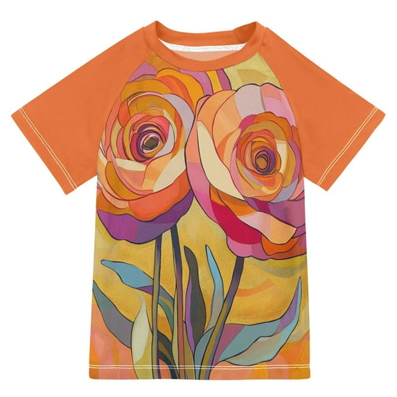 FORMRS Boys Rash Guard with Short Sleeves UPF 50+ Swim Shirts Sizes 3-12T, Purple Abstract Floral