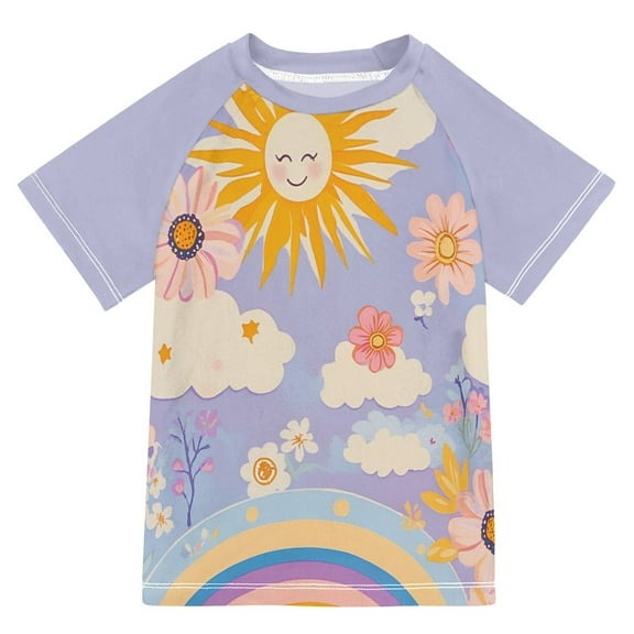 FORMRS Boys Rash Guard with Short Sleeves UPF 50  Swim Shirts Sizes 3-12T, Purple Clouds