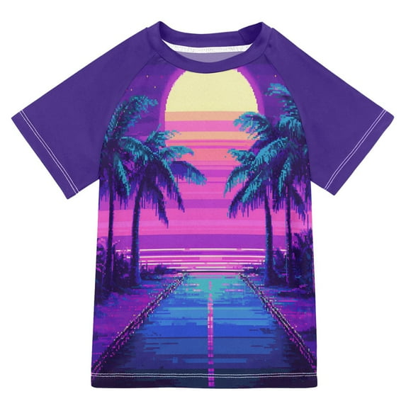 FORMRS Boys Rash Guard with Short Sleeves UPF 50+ Swim Shirts Sizes 3-12T, Purple Digital Art