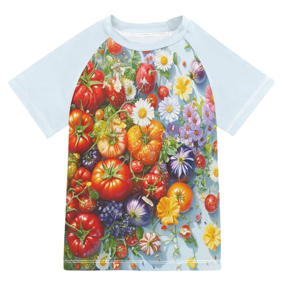 FORMRS Boys Rash Guard with Short Sleeves UPF 50+ Swim Shirts Sizes 3-12T, Purple Floral Tomatoes