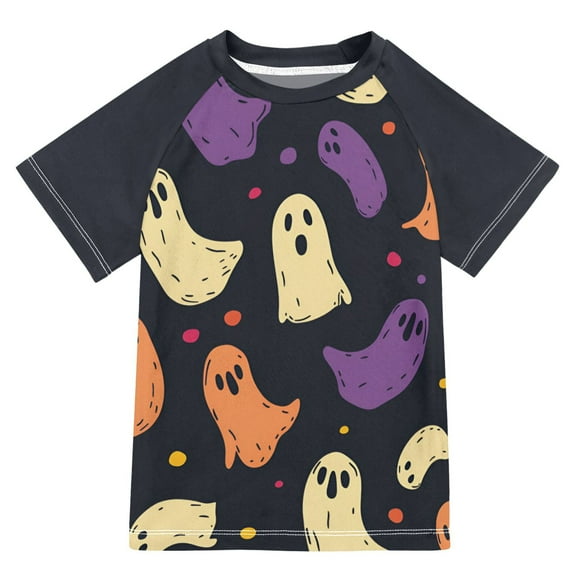 FORMRS Boys Rash Guard with Short Sleeves UPF 50 Swim Shirts Sizes 3-12T, Purple Halloween Ghosts
