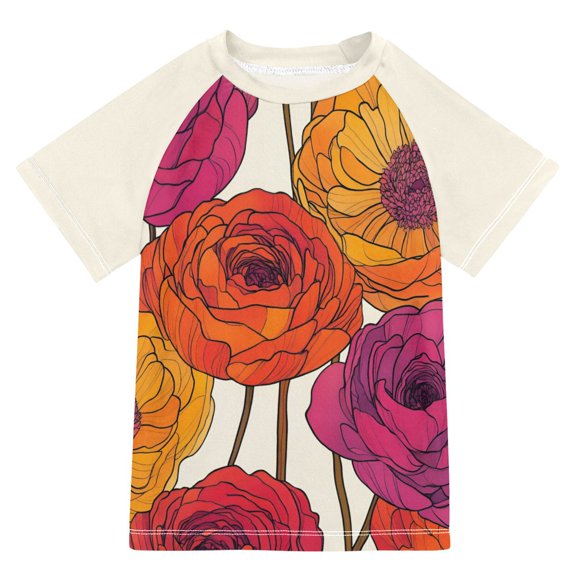 FORMRS Boys Rash Guard with Short Sleeves UPF 50  Swim Shirts Sizes 3-12T, Purple Hand Drawn Floral