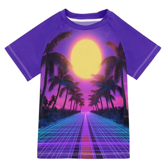 FORMRS Boys Rash Guard with Short Sleeves UPF 50+ Swim Shirts Sizes 3-12T, Purple Neon Road