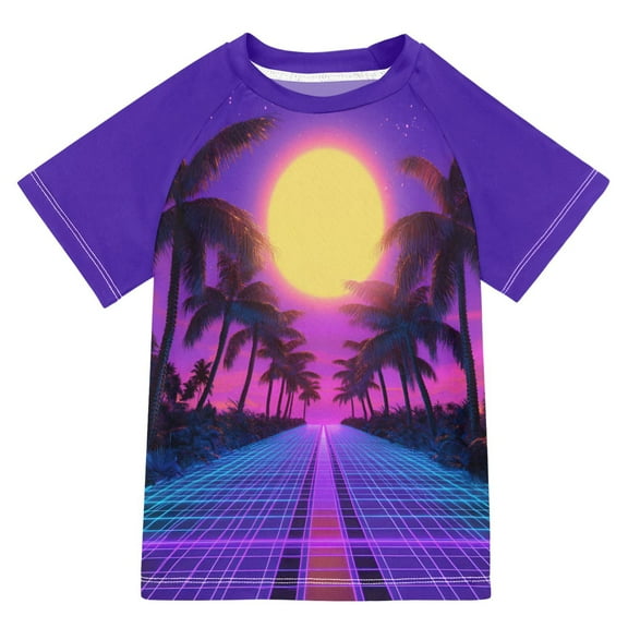 FORMRS Boys Rash Guard with Short Sleeves UPF 50+ Swim Shirts Sizes 3-12T, Purple Neon Road
