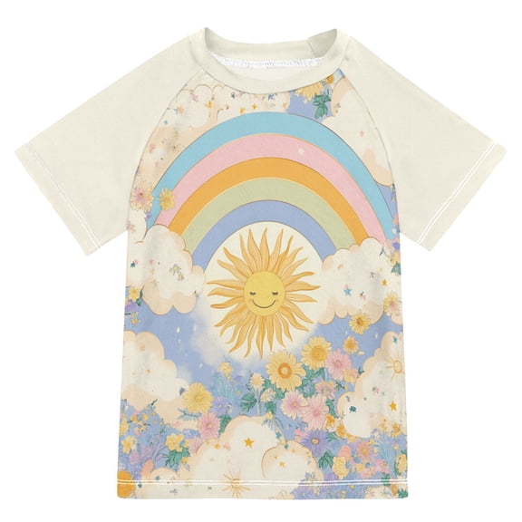 FORMRS Boys Rash Guard with Short Sleeves UPF 50+ Swim Shirts Sizes 3-12T, Purple Rainbow Clouds