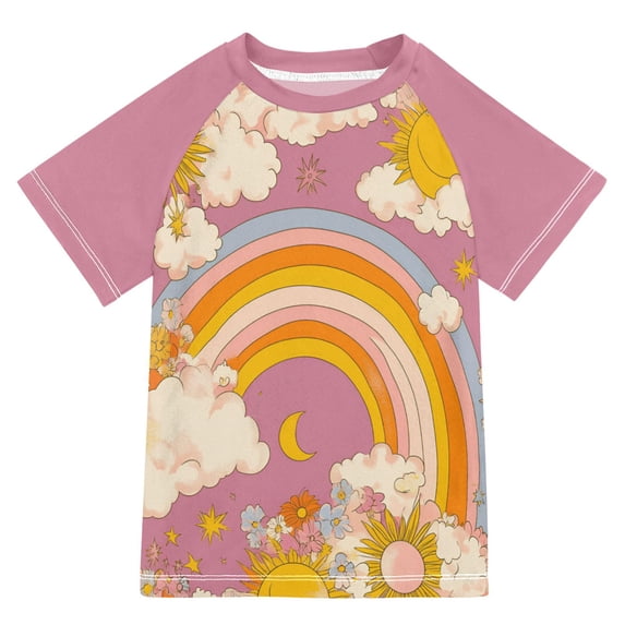FORMRS Boys Rash Guard with Short Sleeves UPF 50+ Swim Shirts Sizes 3-12T, Purple Retro Rainbow