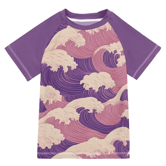 FORMRS Boys Rash Guard with Short Sleeves UPF 50  Swim Shirts Sizes 3-12T, Purple Wave Pattern
