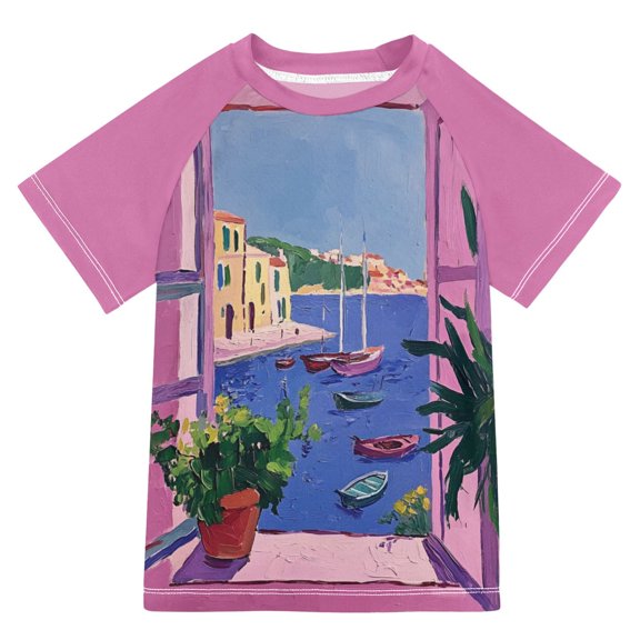 FORMRS Boys Rash Guard with Short Sleeves UPF 50  Swim Shirts Sizes 3-12T, Purple Window Scene