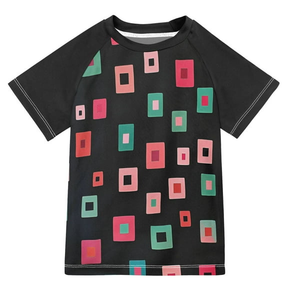 FORMRS Boys Rash Guard with Short Sleeves UPF 50  Swim Shirts Sizes 3-12T, Red Block Pattern