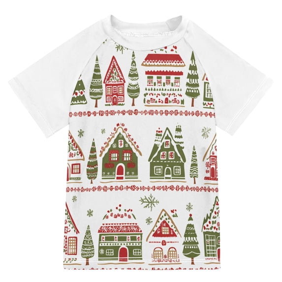 FORMRS Boys Rash Guard Short Sleeves Swim Shirt Quick Dry UPF 50+ Sun Protection, Sizes 3-12T, Red Christmas House