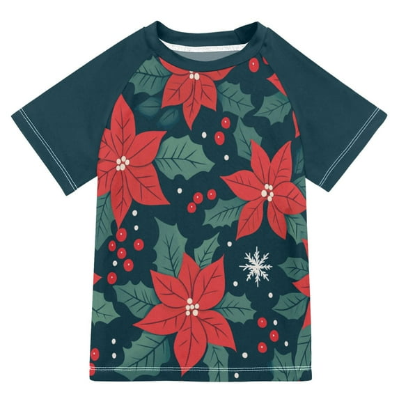 FORMRS Boys Rash Guard with Short Sleeves UPF 50+ Swim Shirts Sizes 3-12T, Red Christmas Leaves