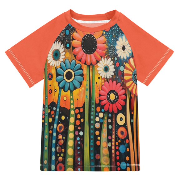 FORMRS Boys Rash Guard Short Sleeves Swim Shirt Quick Dry UPF 50+ Sun Protection, Sizes 3-12T, Red Colorful Flowers with Dots