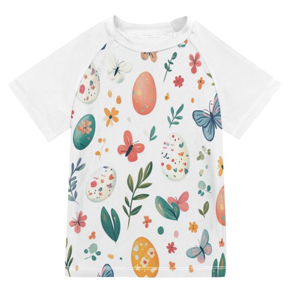 FORMRS Boys Rash Guard with Short Sleeves UPF 50  Swim Shirts Sizes 3-12T, Red Easter Eggs