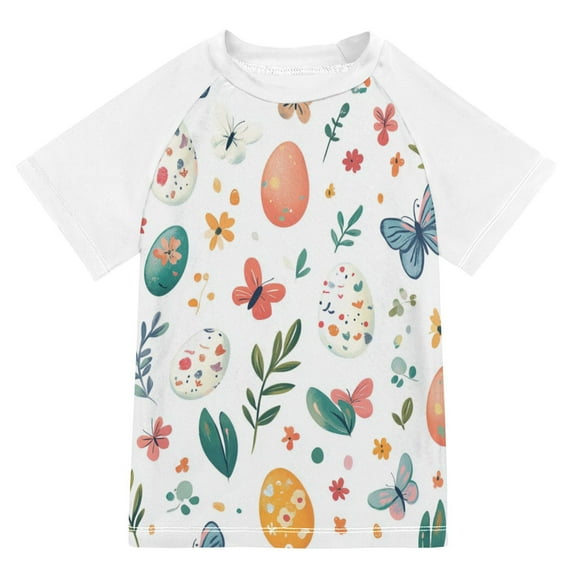 FORMRS Boys Rash Guard Short Sleeves Swim Shirt Quick Dry UPF 50+ Sun Protection, Sizes 3-12T, Red Easter Eggs