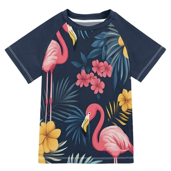 FORMRS Boys Rash Guard Short Sleeves Swim Shirt Quick Dry UPF 50+ Sun Protection, Sizes 3-12T, Red Floral Flamingo