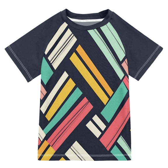 FORMRS Boys Rash Guard with Short Sleeves UPF 50  Swim Shirts Sizes 3-12T, Red Geometric