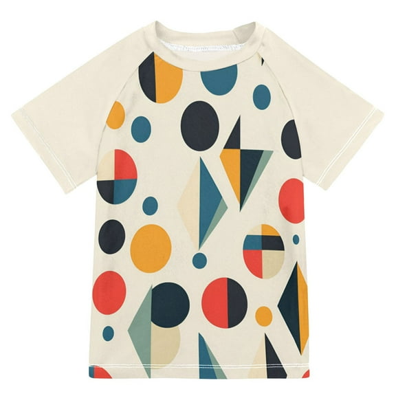 FORMRS Boys Rash Guard with Short Sleeves UPF 50 Swim Shirts Sizes 3-12T, Red Geometric