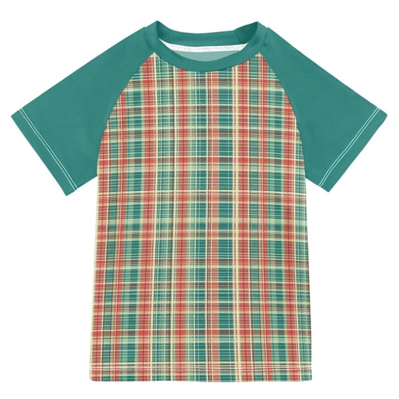 FORMRS Boys Rash Guard Short Sleeves Swim Shirt Quick Dry UPF 50+ Sun Protection, Sizes 3-12T, Red Green Tartan Pattern