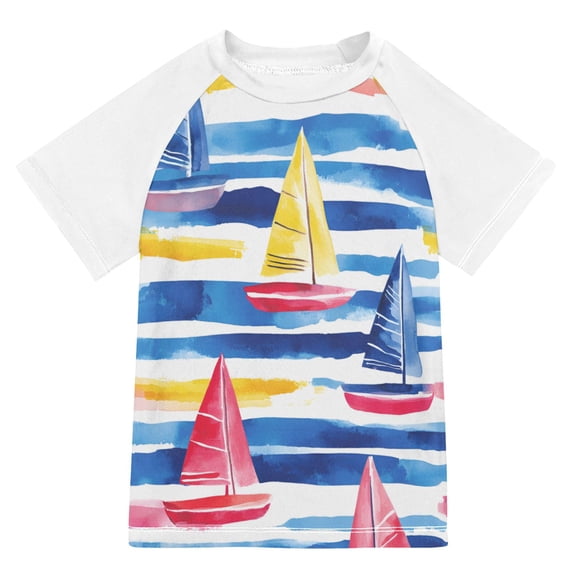 FORMRS Boys Rash Guard Short Sleeves Swim Shirt Quick Dry UPF 50+ Sun Protection, Sizes 3-12T, Red Hand Drawn Sailboats