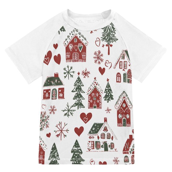 FORMRS Boys Rash Guard with Short Sleeves UPF 50 Swim Shirts Sizes 3-12T, Red Nordic Christmas