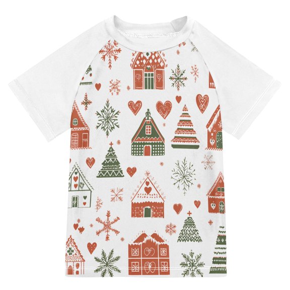 FORMRS Boys Rash Guard with Short Sleeves UPF 50  Swim Shirts Sizes 3-12T, Red Nordic Christmas