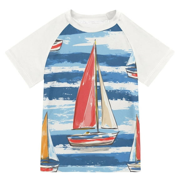 FORMRS Boys Rash Guard with Short Sleeves UPF 50+ Swim Shirts Sizes 3-12T, Red Sailboats