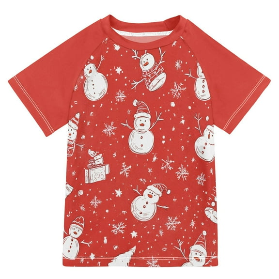 FORMRS Boys Rash Guard with Short Sleeves UPF 50 Swim Shirts Sizes 3-12T, Red Snowman