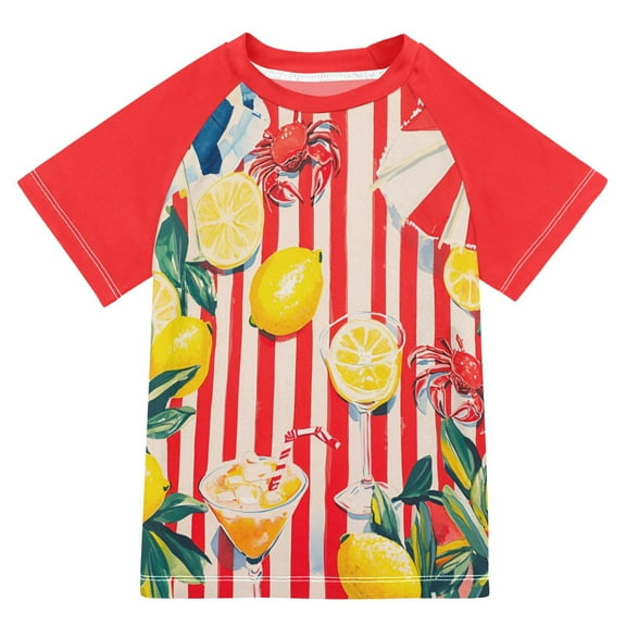 FORMRS Boys Rash Guard with Short Sleeves UPF 50  Swim Shirts Sizes 3-12T, Red Striped Lemon