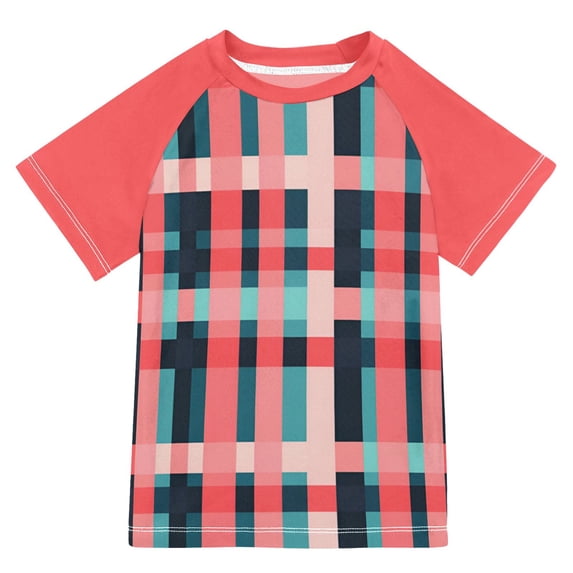FORMRS Boys Rash Guard Short Sleeves Swim Shirt Quick Dry UPF 50+ Sun Protection, Sizes 3-12T, Red Teal Stripes