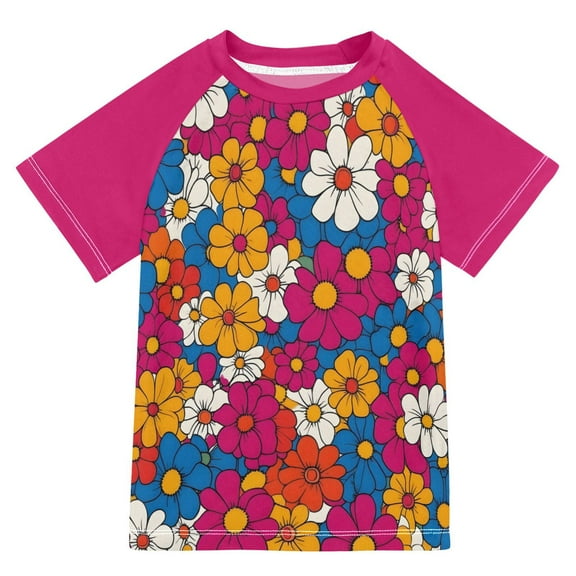 FORMRS Boys Rash Guard with Short Sleeves UPF 50+ Swim Shirts Sizes 3-12T, Red Whimsical Floral