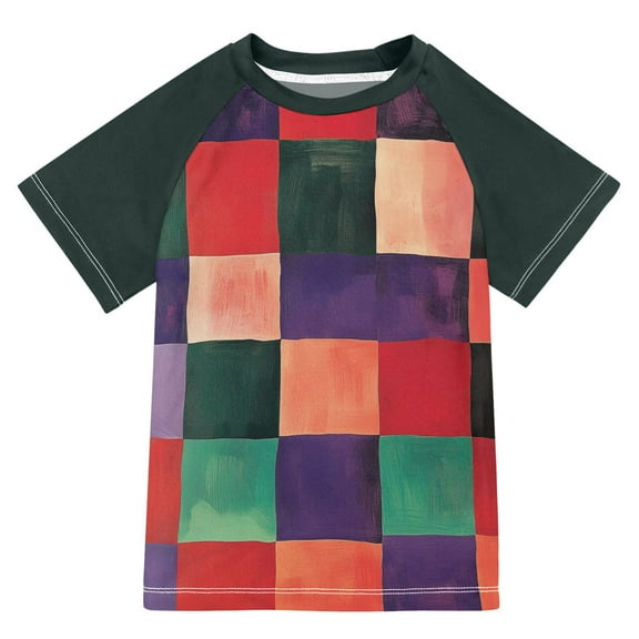 FORMRS Boys Rash Guard with Short Sleeves UPF 50 Swim Shirts Sizes 3-12T, Red and Purple Plaid Pattern